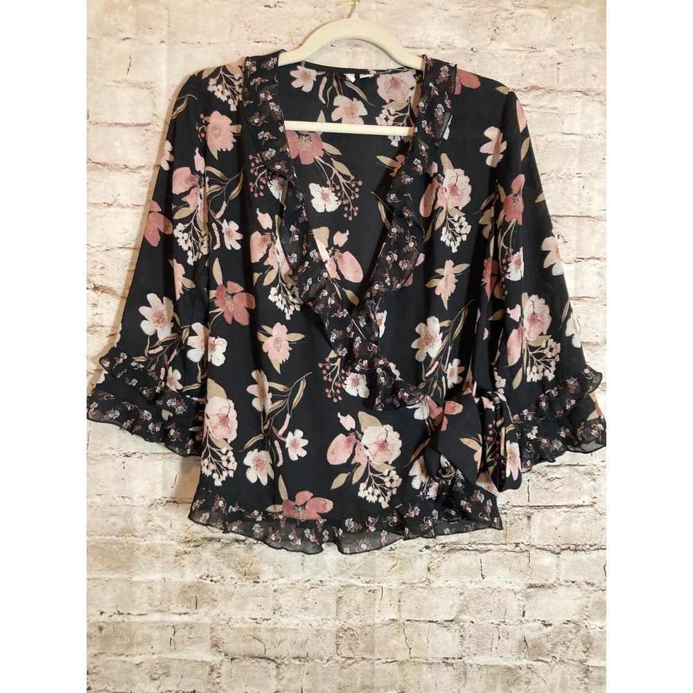 Cato Wrap Top Womens XS Dark Romantic Florals Tie Waist‎ Ruffle Bell Sleeve